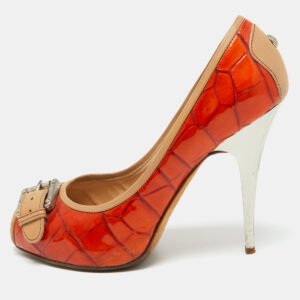 giuseppe zanotti orange croc embossed leather buckle detail peep toe pumps size 38.5