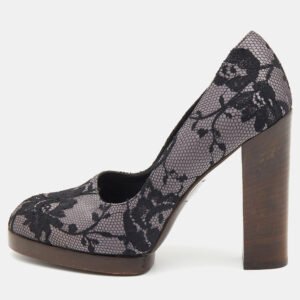 gucci black/grey floral lace and satin platform round toe pumps size 37