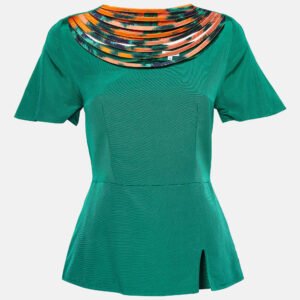 kenzo green cotton blend patterned neck top s