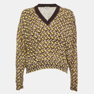 kenzo yellow patterned cotton knit v-neck sweater s