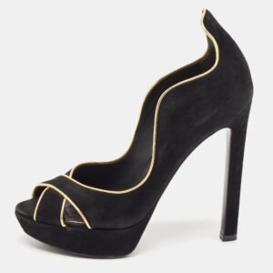 louis vuitton black/gold suede crisscross peep toe pump size 37.5