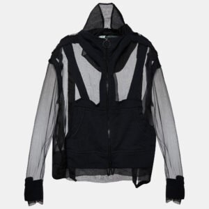 off-white black organza & knit hoodie zip-up jacket m