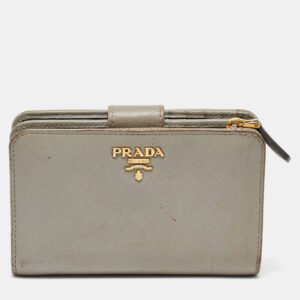 prada grey saffiano leather flap french wallet