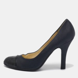 prada dark grey/black satin and croc embossed leather cap toe pumps size 37