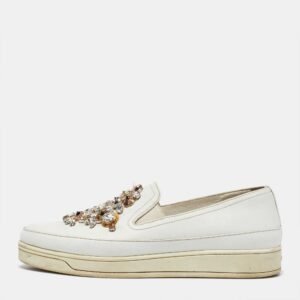 prada white leather crystal embellished slip on sneakers size 36.5
