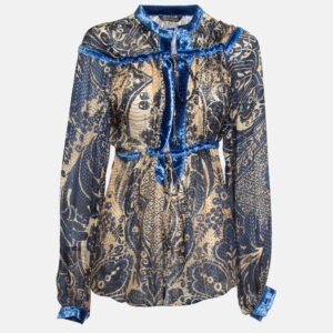 roberto cavalli blue/brown printed velvet trim silk blouse m