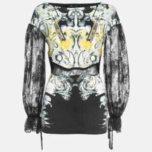 roberto cavalli jersey multicolor print lace detailed top m