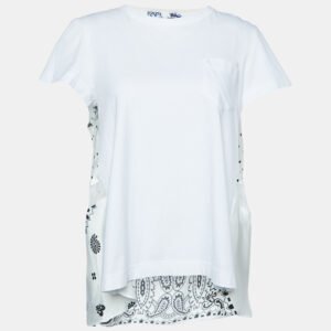 sacai white cotton & paneled satin flared top l