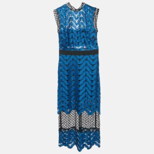 self-portrait blue/black guipure lace paneled midi dress s