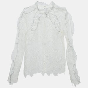 self-portrait white floral guipure lace ruffled full sleeve top m