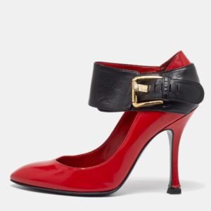 sergio rossi red/black leather buckle ankle cuff pointed toe pumps size 35.5