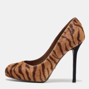 sergio rossi brown tiger stripes print calf hair platform pumps size 36.5