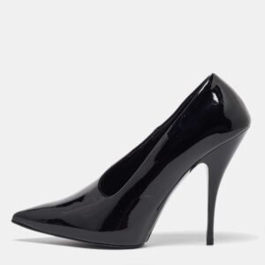 stella mccartney black faux patent leather v neck pointed toe pumps size 35