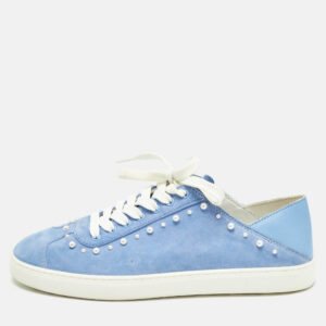 stuart weitzman blue suede pear embellished lace up sneakers size 39.5