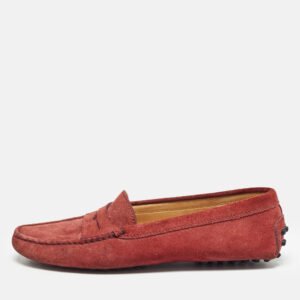 tod's red suede gommino penny slip on loafers size 36.5