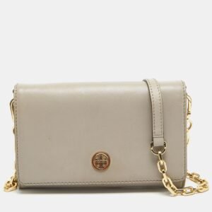 tory burch light grey leather robinson wallet on chain