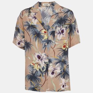 valentino brown/grey hawaiian print silk crepe short sleeve shirt m
