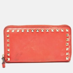 valentino red leather rockstud zip around continental wallet