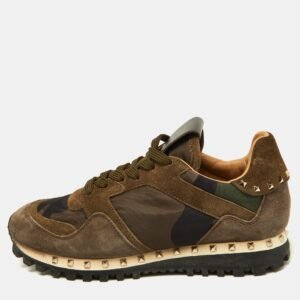 valentino green/brown suede and camouflage canvas rockrunner low top sneakers size 35